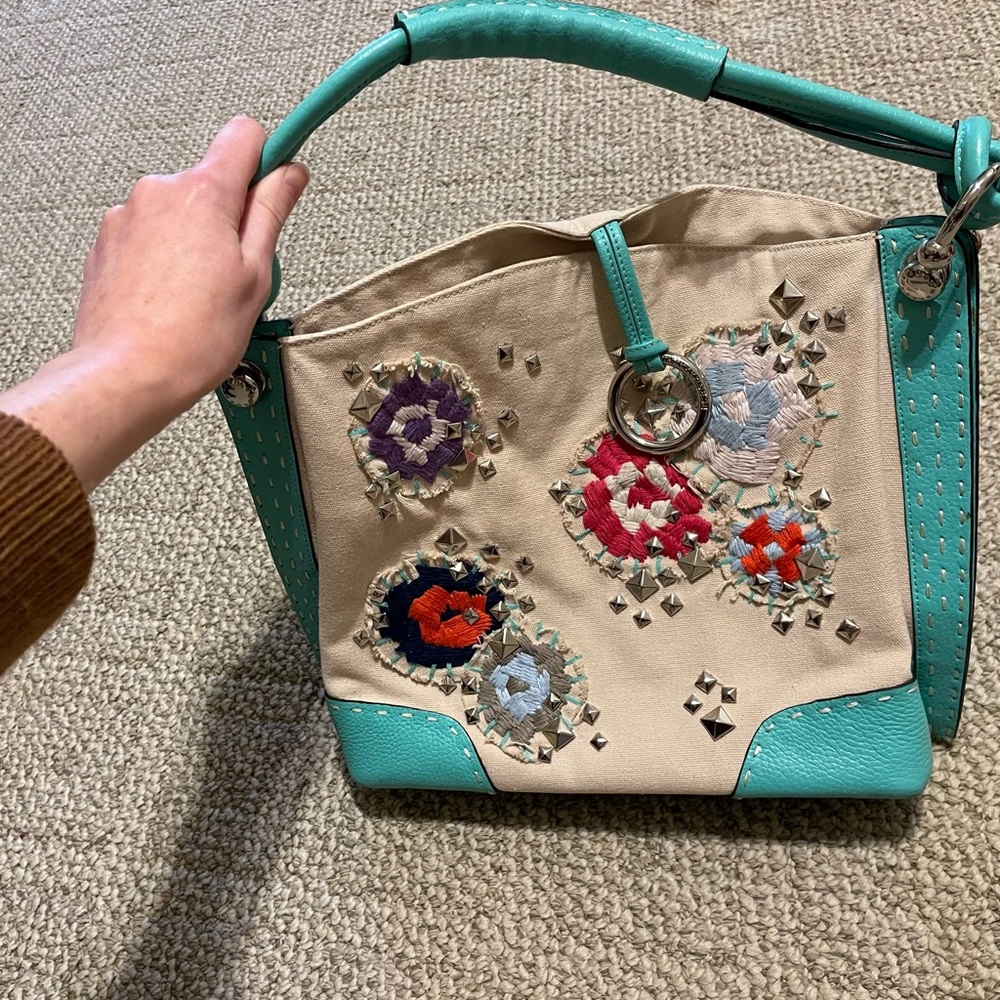 BCBGMAXAZRIA Embroidered flower & studs leather Canvas Purse - Picture 3 of 10